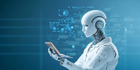 Poster - A sleek robotic figure in a technological environment, engaged with data on a digital tablet, exemplifying the integration of AI into human-enhancing tools and services.