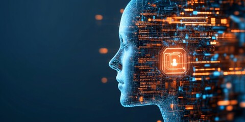 Poster - A futuristic depiction of a digital human profile with embedded technology, showcasing the blend of AI and human interaction through data visualization techniques.