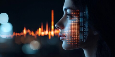 Poster - A woman's profile is fused with a digital data overlay, symbolizing the intersection of technology and human identity in a modern, data-driven society.