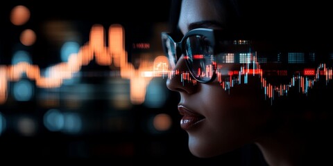 Poster - A person with stylish glasses is surrounded by holographic financial data, showcasing the futuristic integration of technology and personal finance management.