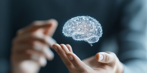 Poster - A digital brain hologram made of light particles floats above open hands, symbolizing AI, technology, and innovation, representing advanced intelligence concepts.