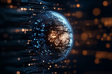 Poster - A digital globe with bright blue and orange lights represents global data connections, technology, and innovation in a futuristic and cyber-themed aesthetic.