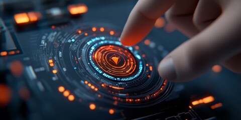Poster - A hand interacts with a high-tech circular interface display in a digital environment, representing advanced technological control and innovation.