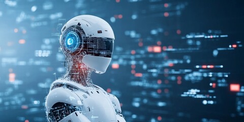 Poster - A sleek robot stands with digital data interfaces in the background, representing advanced AI, robotics, and the harmonious blend of technology and design.
