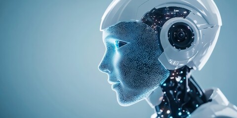 Poster - A sleek and sophisticated robotic head with glowing circuit lines and detailed features, illustrating the essence of artificial intelligence and technological advancement.