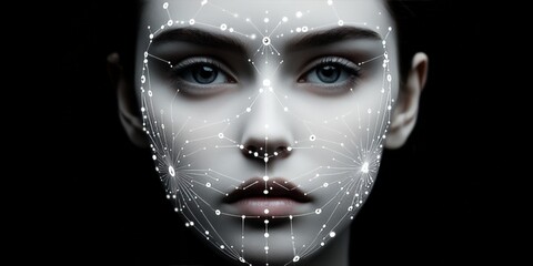 Poster - A digital face mapping overlay on a human face with intricate patterns, highlighting the fusion of technology and human features, symbolizing modern AI interactions.