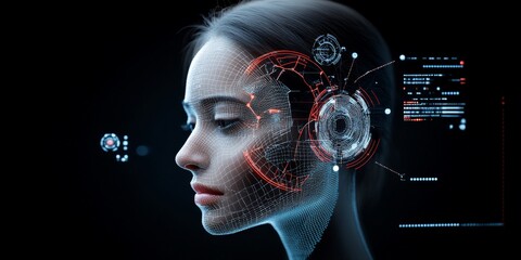 Poster - A digital artwork showing a female cyborg with heads-up display interface and futuristic elements, symbolizing the convergence of technology and human evolution.