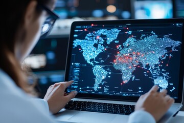 Poster - A person analyzes a digital world map on a laptop screen, emphasizing global connectivity, network distribution, and data flow in a high-tech environment.