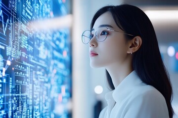 Poster - A woman stands intently studying a vast digital screen filled with complex data, showcasing the essence of modern technology and the depth of human analysis.
