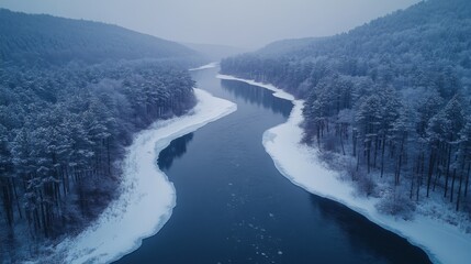Poster - A tranquil winter river meanders through a snow-blanketed landscape, flanked by tall, frost-laden trees under a hazy sky, creating a peaceful atmosphere.