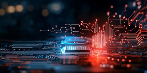 Poster - A striking image showcasing a high-tech circuit board with captivating red energy flows, symbolizing innovation, connection, and advanced digital technology.