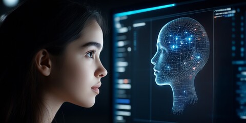 Poster - A young woman gazing at a digital screen displaying a virtual human face, symbolizing the intersection of technology, human emotion, and artificial intelligence.