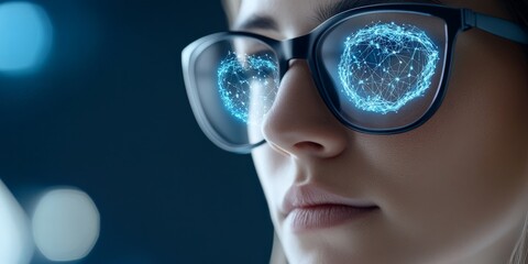 Poster - A close-up of a person wearing glasses displaying holographic network graphics, symbolizing advanced technology and neural networks in a digital context.