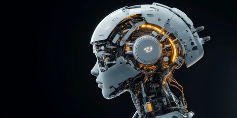 Poster - A futuristic robotic profile featuring complex machinery and glowing circuitry, symbolizing the convergence of technology and artificial intelligence innovation.