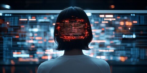 Poster - A person stands before a digital matrix, with intersecting red and black shades, representing the synthesis of technology, data, and human cognitive processing.