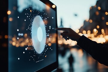 Poster - A silhouetted hand interacts with a futuristic digital interface surrounded by glowing lights, representing the intersection between human touch and technology.