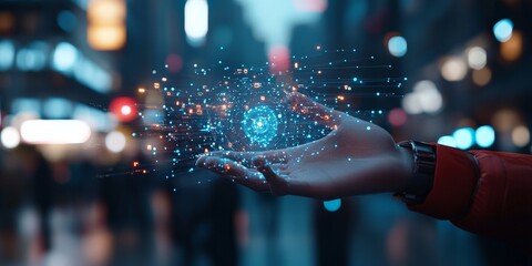 Poster - A hand holds a glowing digital sphere representing data or technology, against a blurred urban background, suggesting connectivity and digital innovation.