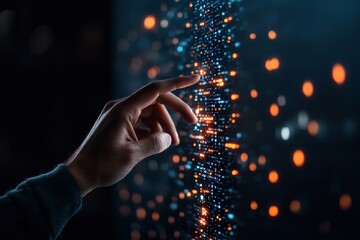 Poster - A human hand is shown reaching out to a digital interface filled with glowing data points and code, symbolizing interaction with modern technology.