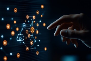 Poster - A finger touches a stylized virtual map showcasing network connectivity with vivid iconography and is rendered in a high-tech digital style.