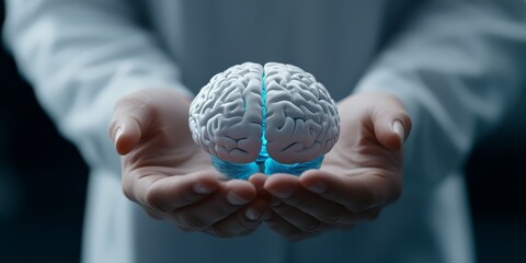 Poster - Hands of a doctor hold a glowing white brain, highlighting innovation and care in medical practices, representing the futuristic potential of brain research and treatment.