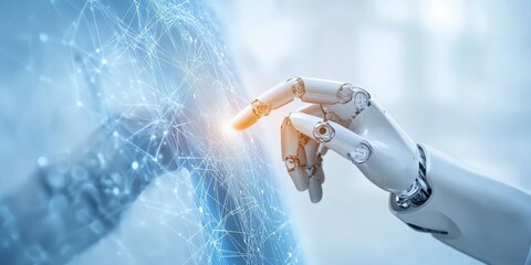 Poster - A robotic hand interacts with a digital interface, highlighted by an orange light, exploring the potential of human-machine interface and technological advancements.
