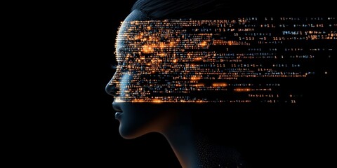 Poster - A side view silhouette of an abstract human face with pixelated digital data glowing and flowing towards one side, symbolizing modern digital interaction and AI.