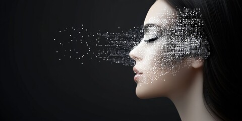 Poster - A human silhouette gradually blending into pixelated particles, showcasing the fusion between humanity and technology in a contemporary digital artistic representation.