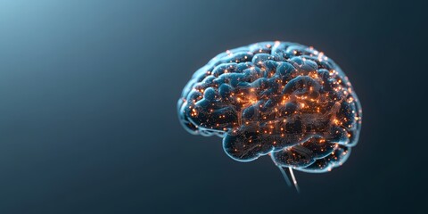 Poster - A digitally rendered brain glows with intricate neural networks and sparks, symbolizing the complexity and dynamism of human thought against a dark backdrop.