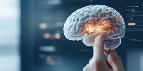 Poster - A hand interacting with a futuristic representation of a brain, featuring glowing circuits, illustrating the tangible connection between humans and digital technology.