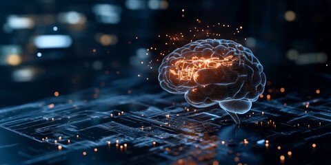 Poster - The image showcases a futuristic brain model depicted overlaid with complex digital data circuits and particles, highlighting the fusion of technology and human cognition.