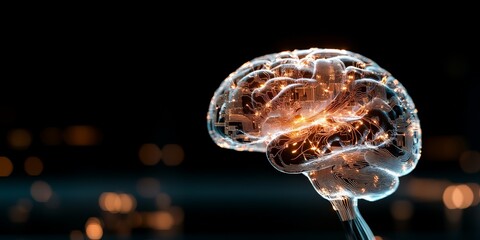 Poster - A digital representation of a brain with glowing circuits and complex networks, illustrating the intersection of artificial intelligence and neurological advancements.