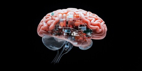 Poster - A brain structure is artfully integrated with various digital technology components and systems, reflecting the seamless merge of neurology and technological advancements.