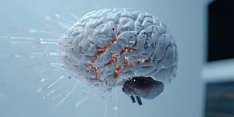 Poster - A modern artistic rendition of a white brain intertwined with copper-colored circuits and glowing elements, representing synergy between biology and technology.