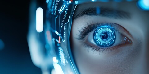 Poster - A close-up view of a human eye overlapped with futuristic holographic technology, indicating advanced digital interfaces and augmented reality concepts.