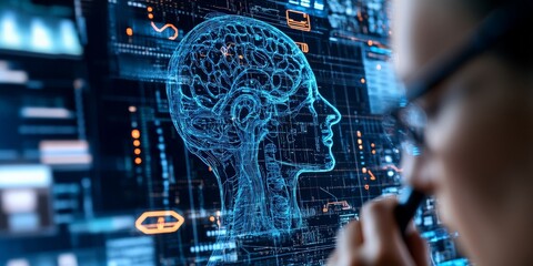 Poster - A holographic brain is displayed on a futuristic digital interface, symbolizing the intersection of technology and cognitive science, showcasing innovation and discovery.