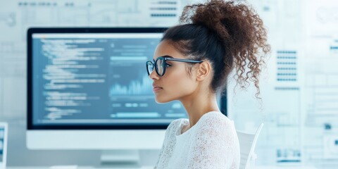 Poster - A woman wearing glasses sits in a bright and minimalist office, deeply engaged in a programming task, with a computer screen displaying data and graphs behind her.