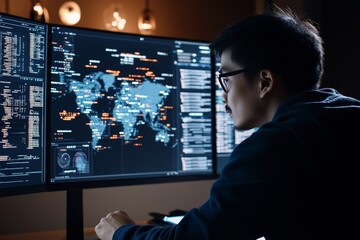 Poster - a man with glasses focuses intensely on multiple monitors displaying global cybersecurity data and m
