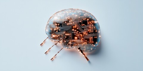 Poster - A futuristic digital brain crafted with intricate circuits, glowing within a blue background, symbolizes the integration and advancement of artificial intelligence technology.