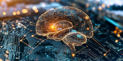 Poster - This vibrant digital representation of a neural brain, interwoven with circuits and lights, visualizes deep learning technology and its profound impact on innovation.