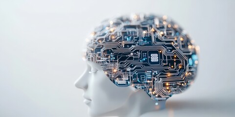 Poster - This artwork showcases a human-profile brain, fused with digital circuits to symbolize artificial intelligence's blend and interaction with human intellect in the modern era.