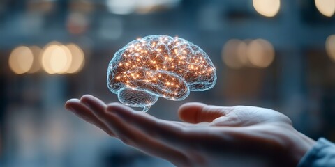 Poster - A glowing brain held in a hand, depicting the power and complexity of human intellect, innovation, and cognitive technology in a symbolic manner.
