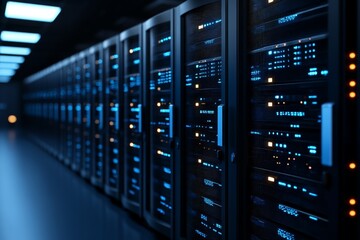 Poster - A high-tech server room featuring rows of illuminated blue server racks, highlighting the importance and complexity of data storage in modern technology.