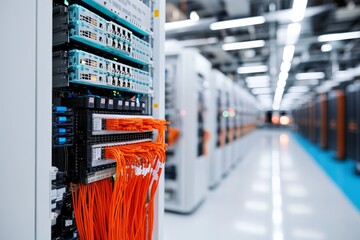 Poster - This image captures network cables neatly organized on a server panel, illustrating efficient data management and connectivity within a high-tech data center space.