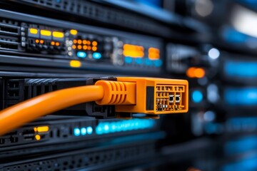 Poster - A bright orange network cable plugged into a server, emphasizing connectivity and technical precision, showcasing the backbone of digital and data networks.