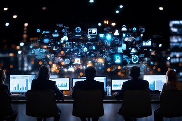 Poster - A team of analysts in a dark room work on computers, surrounded by digital data visualizations, illustrating teamwork, technology, and business insights.
