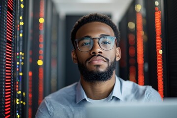 Poster - A close-up of a focused IT professional in a data center, emphasizing concentration and expertise among the intricate server technology and operational systems.