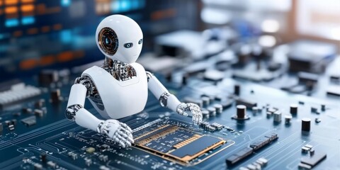 Poster - A robotic figure meticulously assembling a microchip on a complex circuit board, symbolizing precision and the future of robotics in technology and manufacturing.