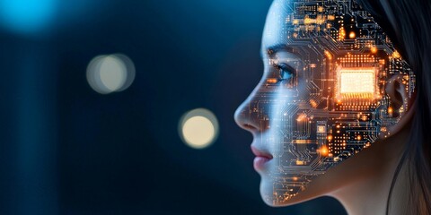 Poster - An artistic representation of a digital human face designed with glowing circuitry patterns, symbolizing the fusion of humanity and technology in digital age.