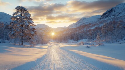 Poster - A winding pathway cuts through a snow-laden landscape, framed by mountains and trees, illuminated by the soft glow of a setting sun.