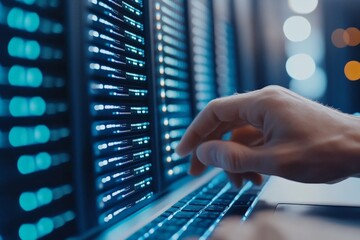Poster - A hand delicately reaches for a laptop keyboard in a server room, illuminated by blue lights, embodying the tactile connection with technology in data management.